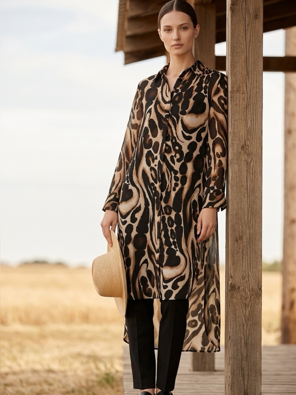 Chico’s Animal Print Collared Button Front Long Sleeve Sheer Duster Shirt Sz 0